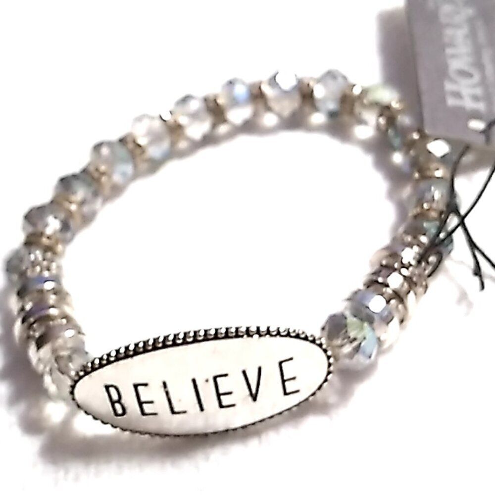 Howard's "Believe" Gray Bead Silver-tone Stretch Bracelet NWT